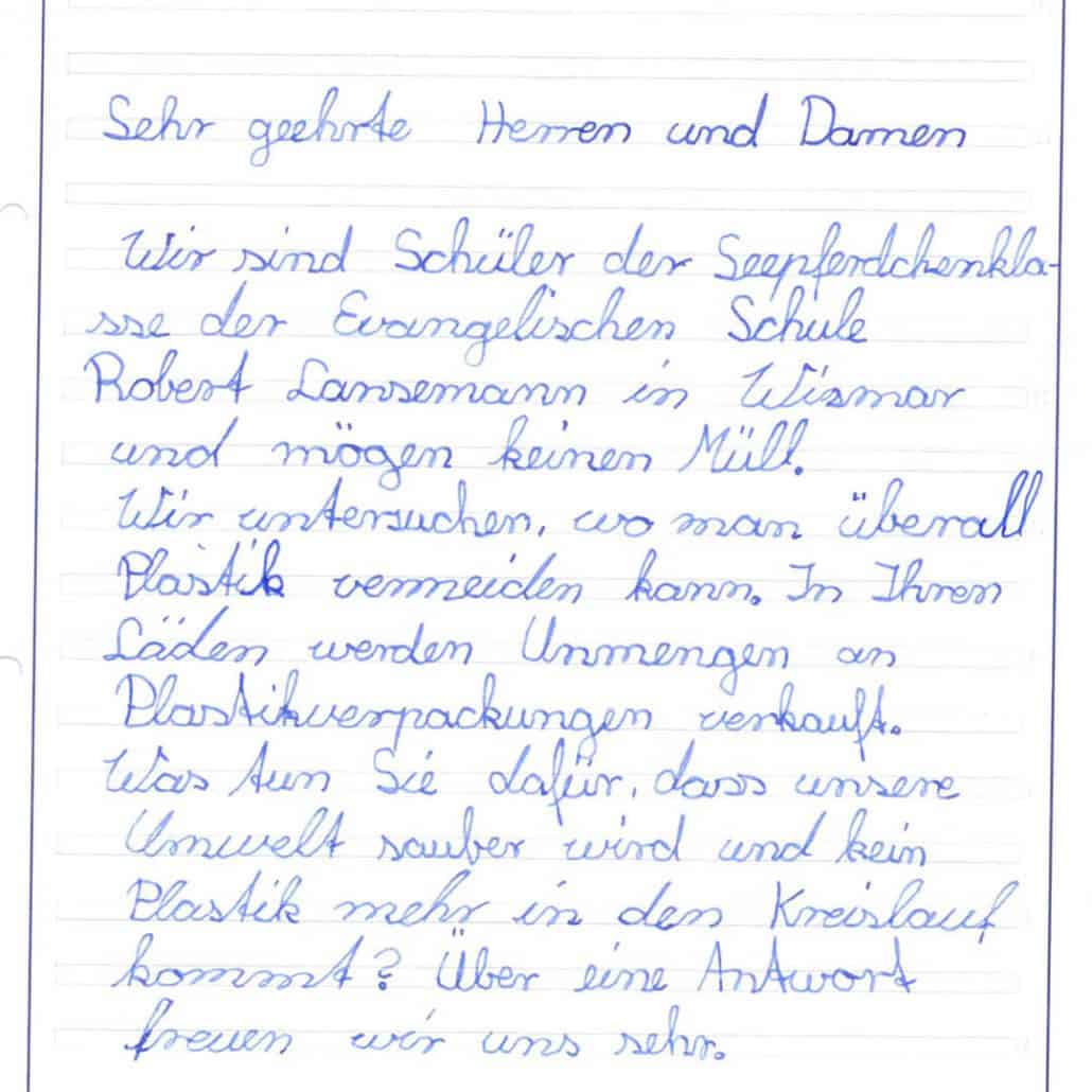 Briefanschreiben der Seepferdchenklasse in Wismar